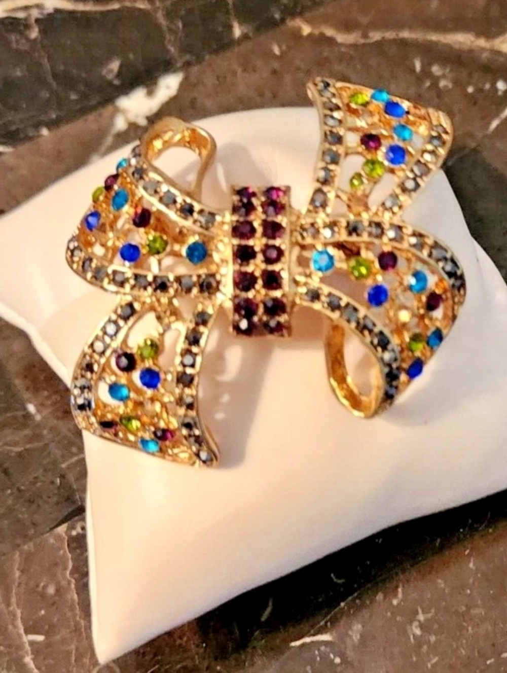 Bow Vintage Brooch  Gold Tone with Multicolor Rhinestones